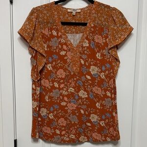 Floral V-Neck Blouse with Ruffle Sleeves